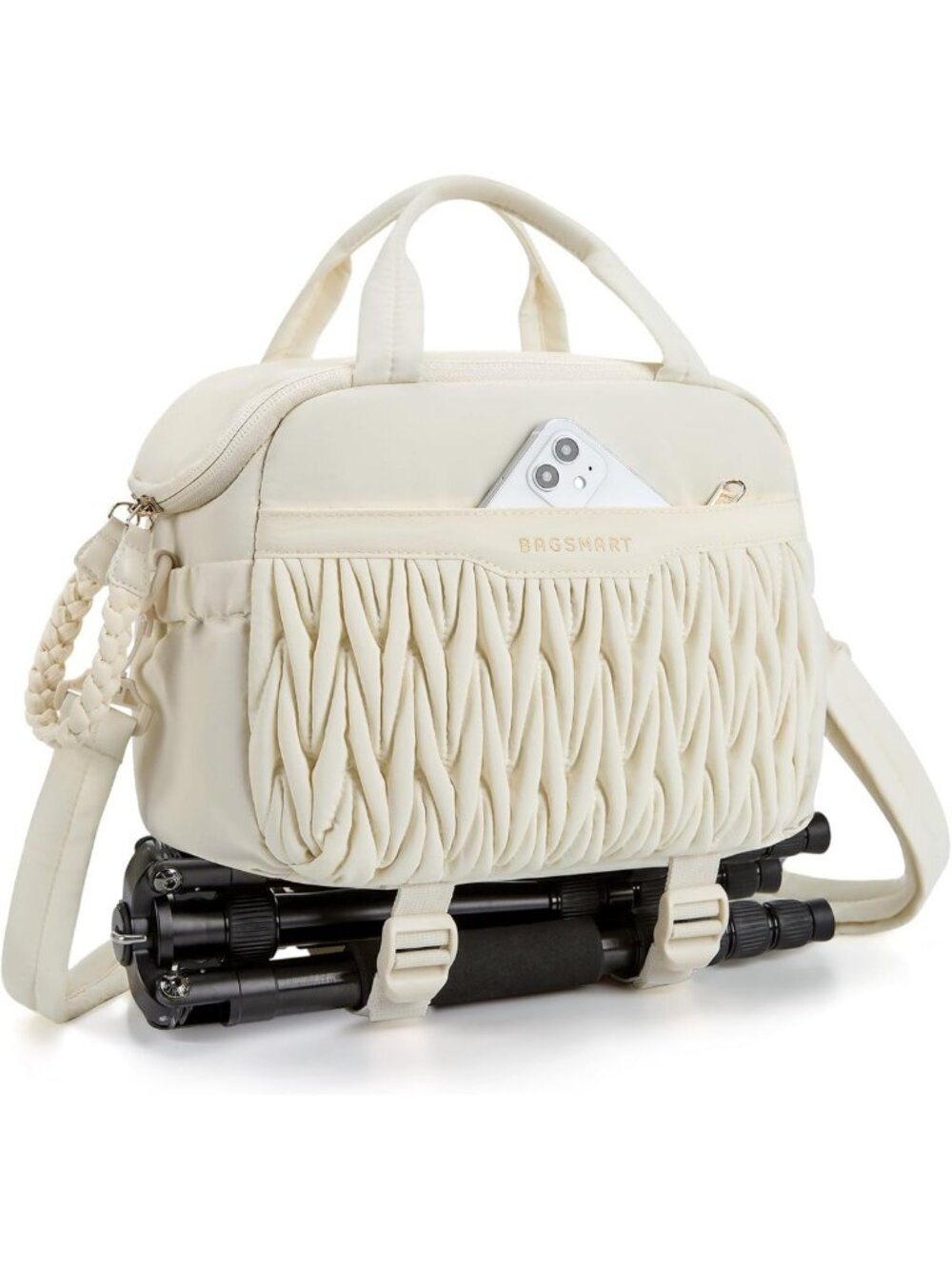 Stylish Waterproof Camera Sling Bag for Photographers, Tripod Holder, Beige